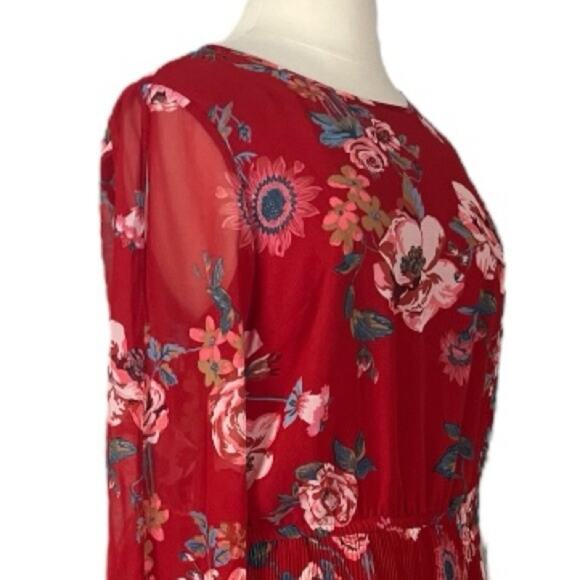Ava & Viv Midi Dress Pleated Long Sleeves Red Multi Floral Women’s Size 1X - Picture 8 of 14